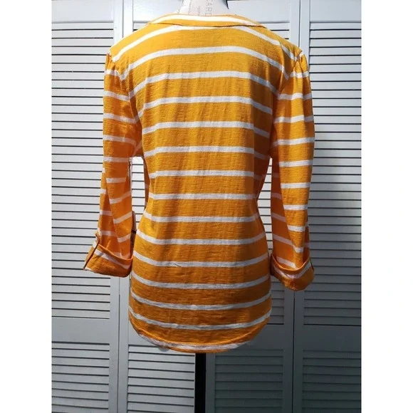 Caribbean Joe Roll Tab Shirt Women's Large Orange Striped V-Neck Long Sleeve Top - Picture 6 of 12